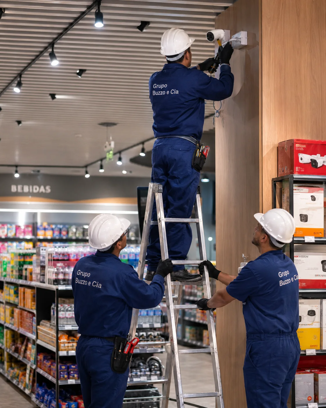 Equipe instalando câmera de segurança em estabelecimento comercial