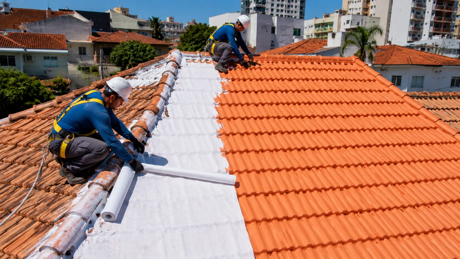 Aplicação de impermeabilização em telhado de cerâmica