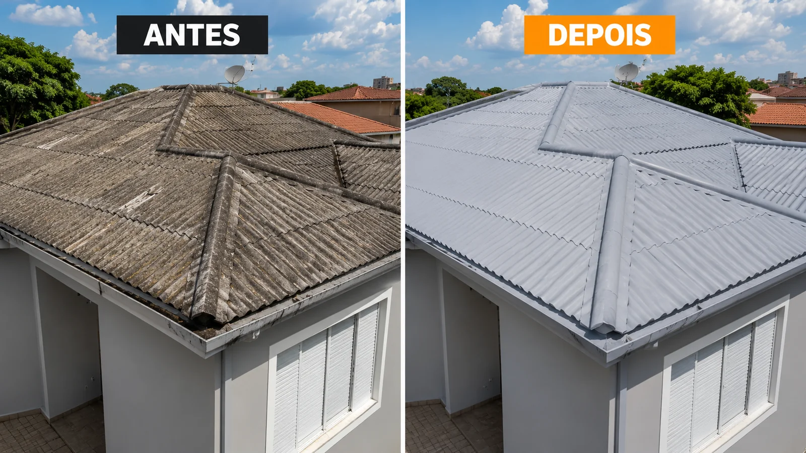 Antes e depois de pintura em telhado de fibrocimento