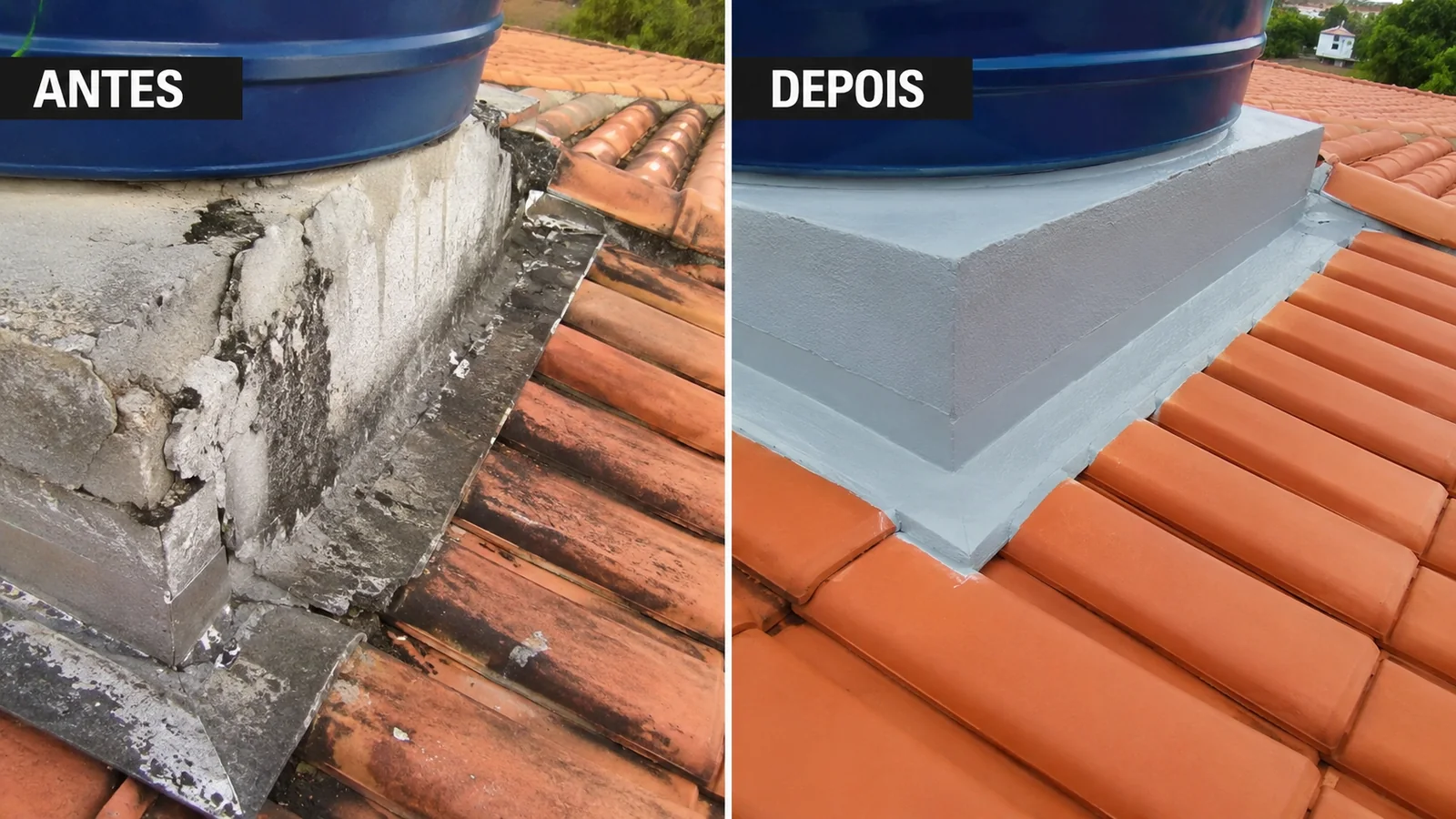 Antes e depois de reparo ao redor de caixa-d'água