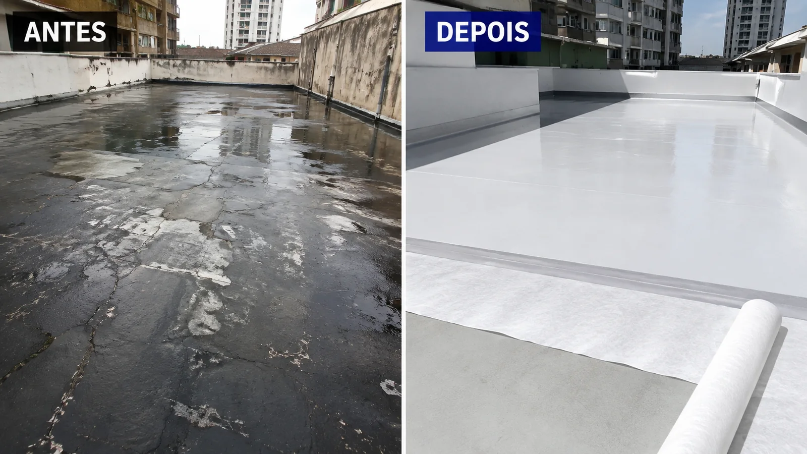 Antes e depois de impermeabilização de laje