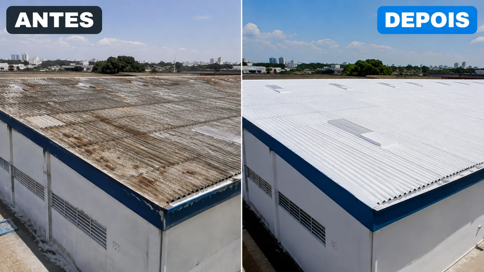 Antes e depois de pintura protetiva em cobertura industrial