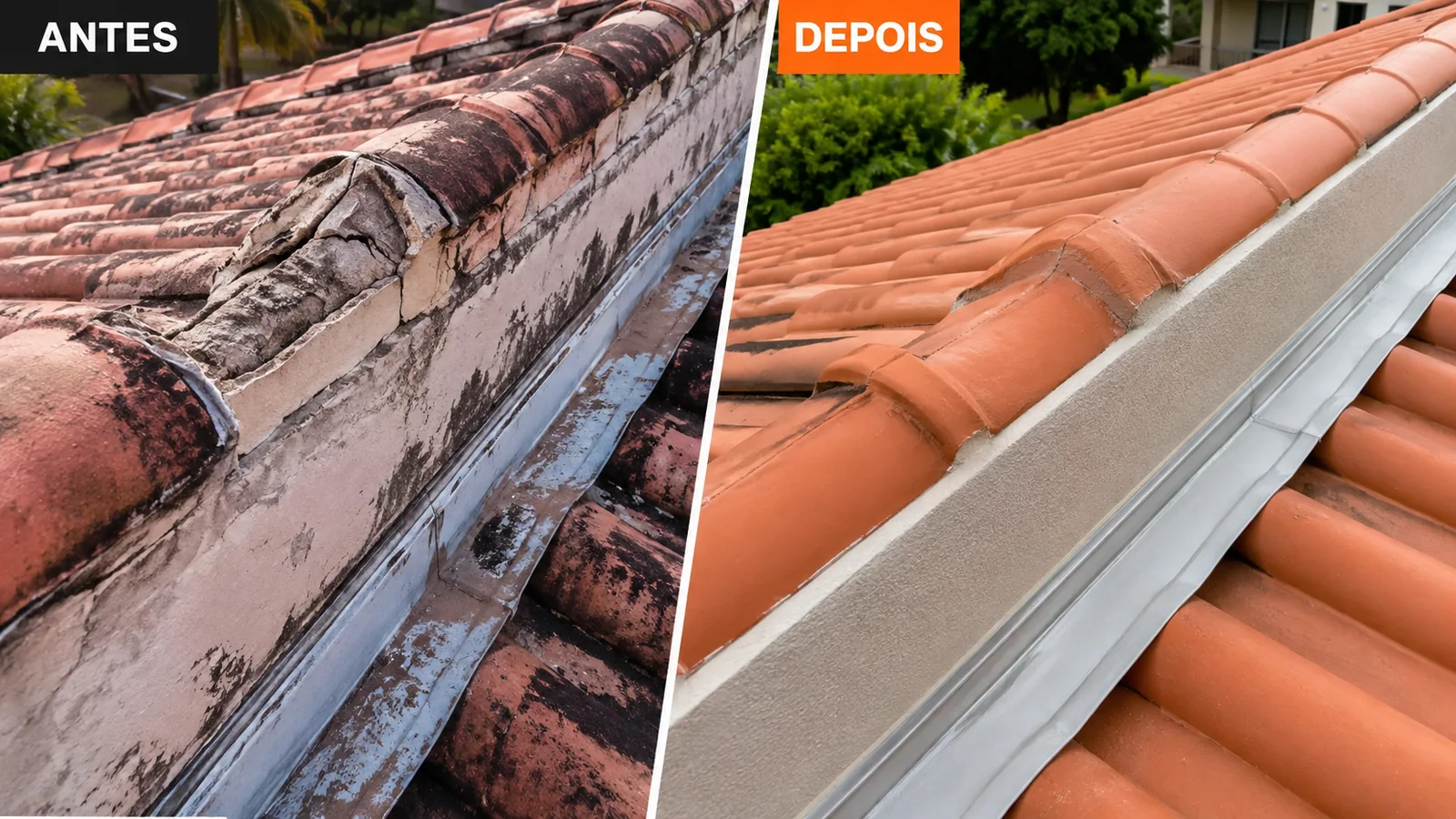 Antes e depois de reparo em cumeeira e acabamento lateral