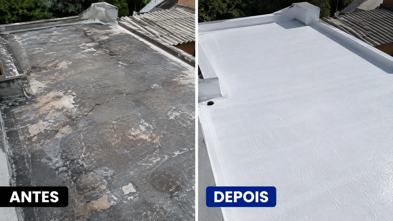 Antes e depois de impermeabilização de cobertura plana