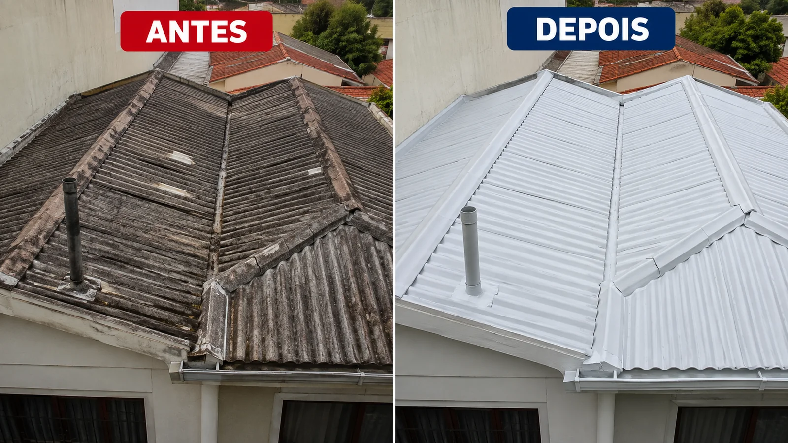 Antes e depois de recuperação de telhado de fibrocimento