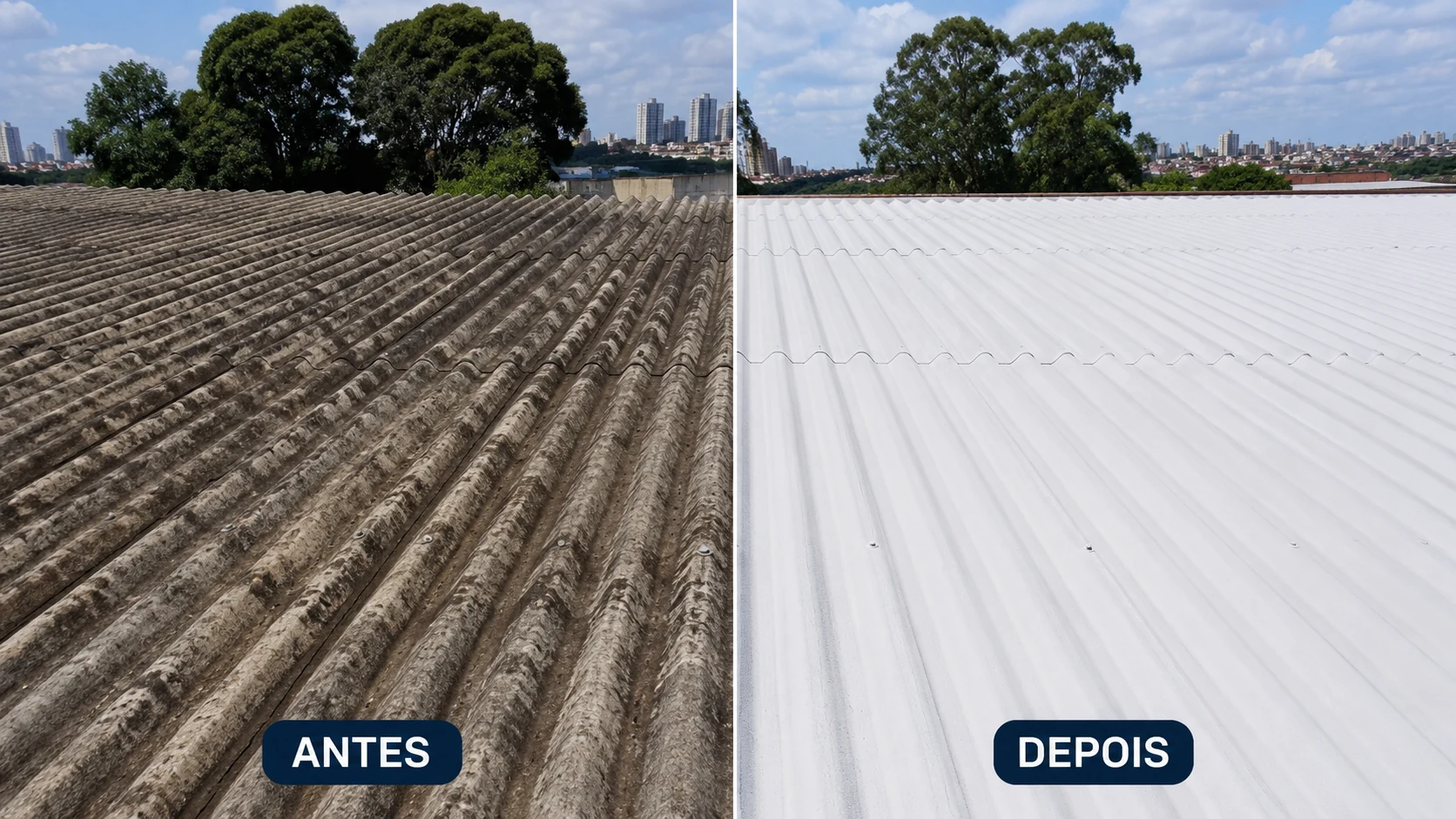 Antes e depois de recuperação de telhado de fibrocimento