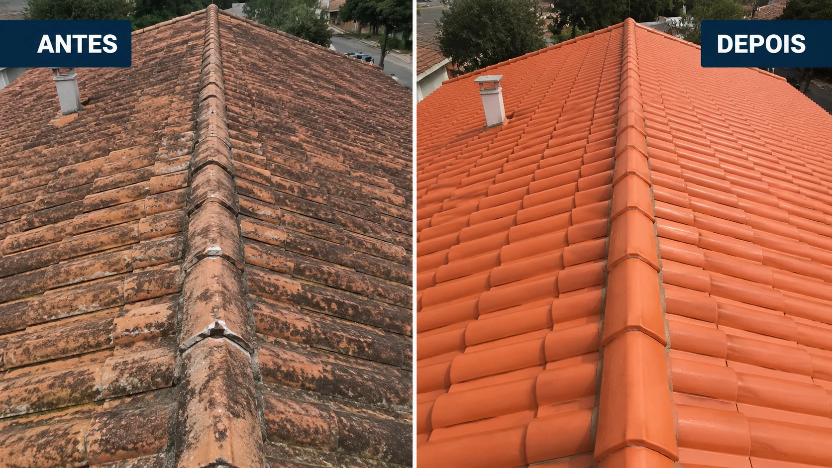 Antes e depois de reforma de telhado cerâmico