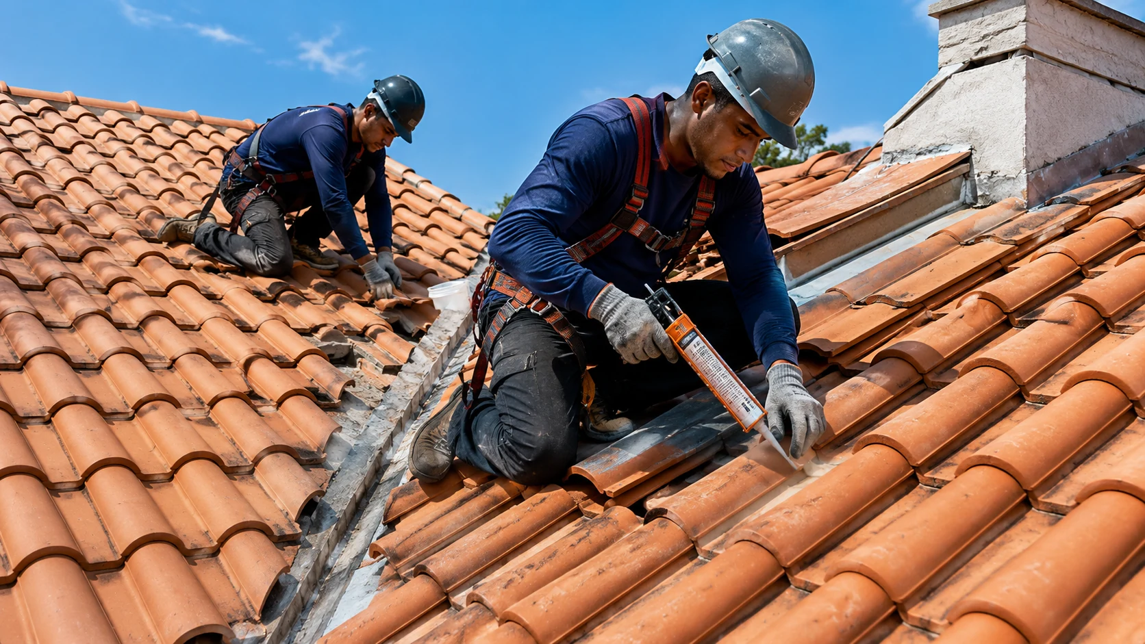Equipe realizando vedação em telhado cerâmico