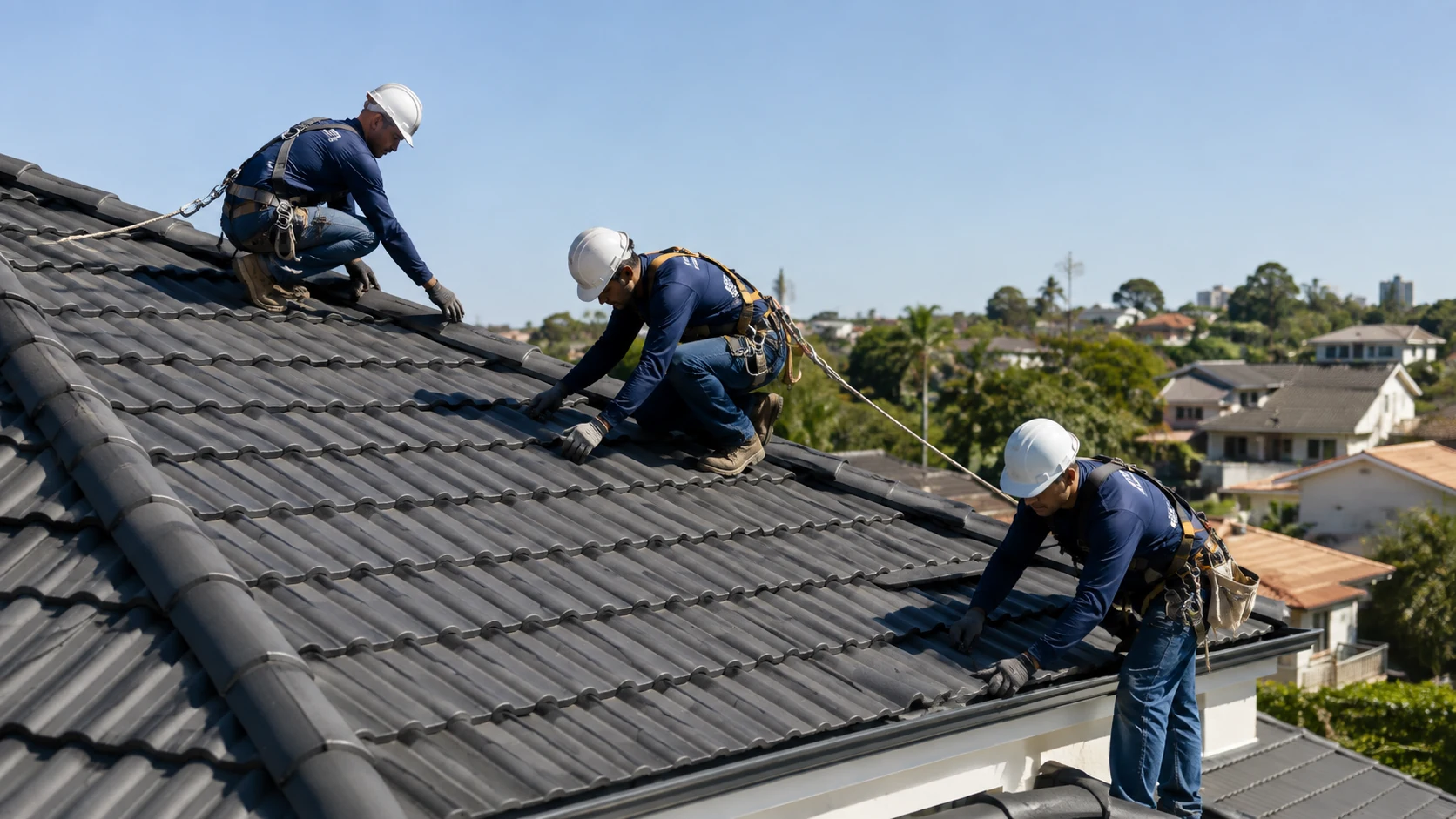 Equipe realizando manutenção segura em telhado