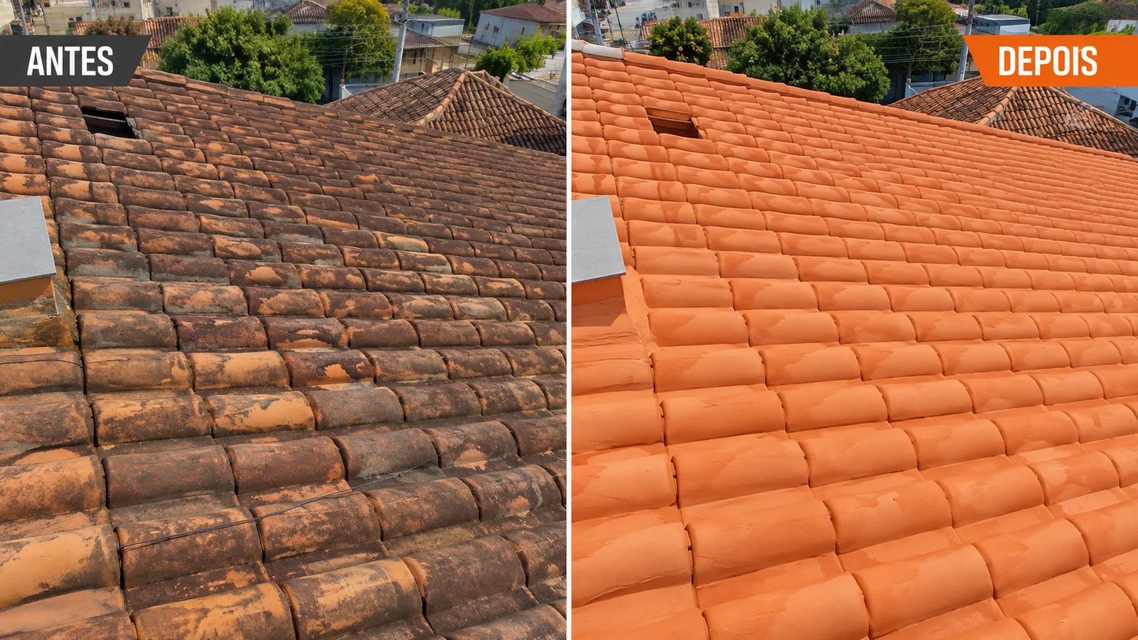 Antes e depois de manutenção e pintura de telhado de cerâmica